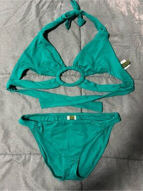 BECCA Teal Ring-Front Halter Bikini (Top-L/Bottom-M)